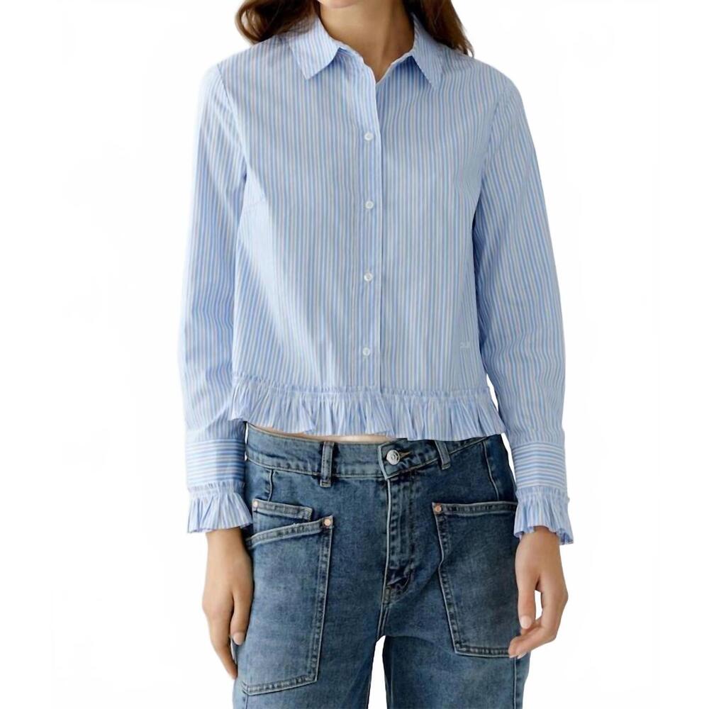 NEW OUI ruffled sleeve and hem blouse in light blue, white